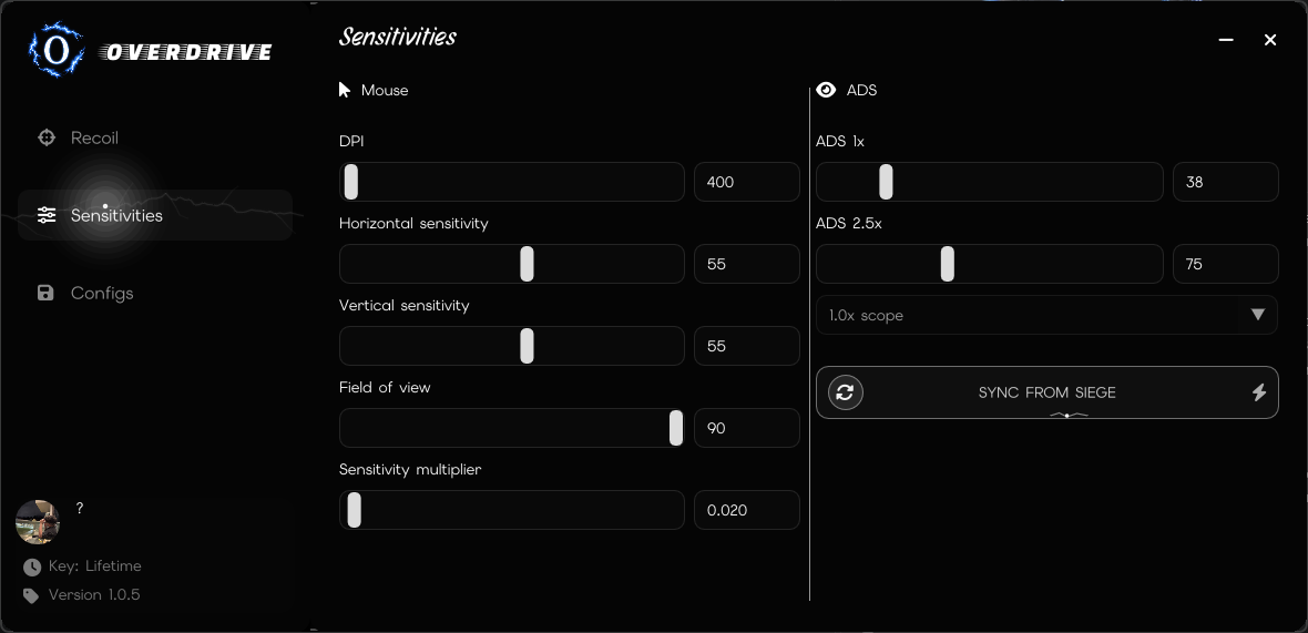 Overdrive sensitivities interface